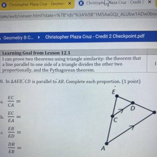 In AAEB, CD is parallel to AB. Complete each proportion.