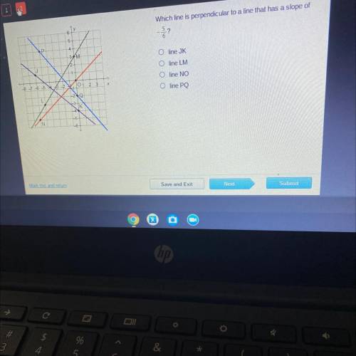 Which line is perpendicular to a line that has a slope of -5/6?