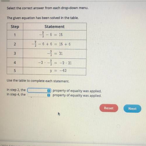 Select the correct answer from each drop-down menu.

The given equation has been solved in the tab