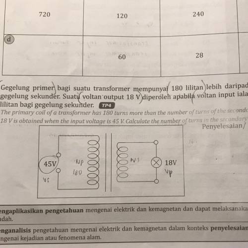 The primary coil of a transformer has 180 turns more than the number of turns of the secondary coil