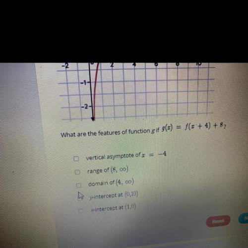 What are the features of function gif g(x) = (1 + 4) + 8,

vertical asymptote ofs =
range of 8,0
d