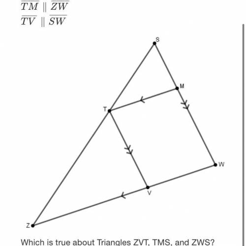 HELP QUICK PLEASE!!

Given:
TM || ZW
TV || SW
Which is true about Triangles ZVT, TMS, and ZWS?
Tri