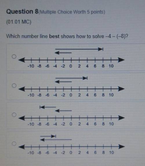 Question 8(Multiple Choice Worth 5 points) (01.01 MC) Which number line best show how to solve -4 -
