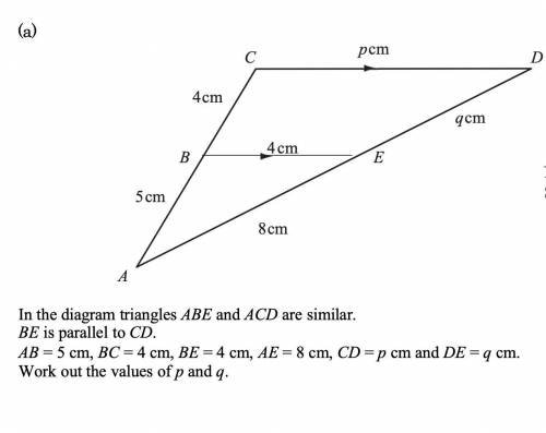 In the diagram triangles ABE and ACD are similar.

BE is parallel to CD.
AB = 5 cm, BC = 4 cm, BE