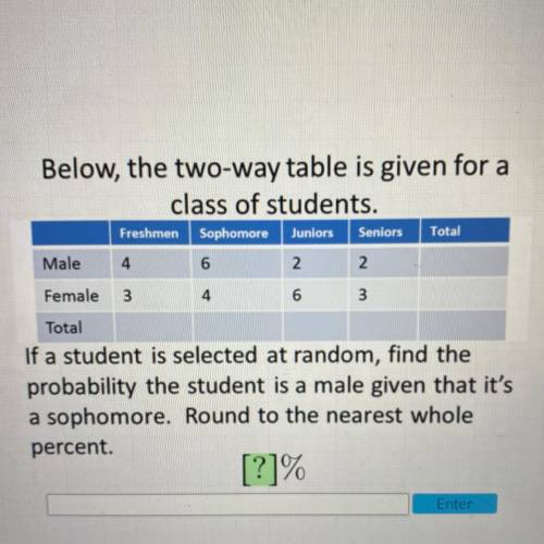 Below, the two-way table is given for a

class of students.
Freshmen Sophomore
Juniors
Seniors
Tot