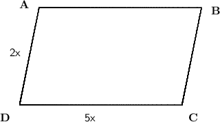 \setlength{\unitlength}{1 cm}\begin{picture}(0,0)\thicklines\qbezier(1,1)(1,1)(6,1)\put(0.4,0.5){\bf D}\qbezier(1,1)(1,1)(1.6,4)\put(6.2,0.5){\bf C}\qbezier(1.6,4)(1.6,4)(6.6,4)\put(1,4){\bf A}\qbezier(6,1)(6,1)(6.6,4)\put(6.9,3.8){\bf B}\put(0.7,2.5){\sf 2x}\put(3,0.5){\sf 5x}\end{picture}