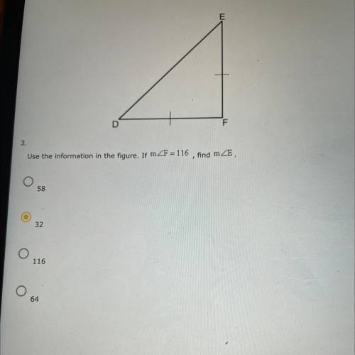 Use the information in the figure. If F=116, find E
58
32
116
64