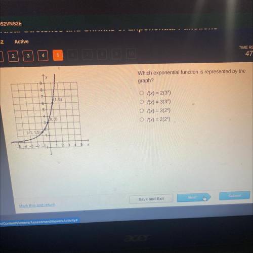 Which exponential function is represented by the

graph?
|(1,5)
Of(x) = 2(34)
Of(x) = 3(3)
Of(x) =