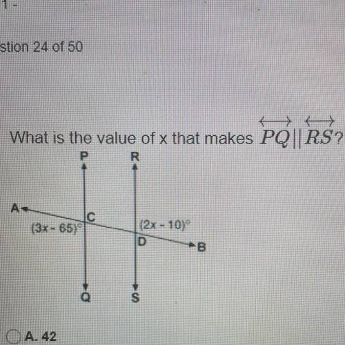 What is the value of x that makes PQ || RS

a. 42
b. 55
c. 51
d. 100
pls give a step to step expla