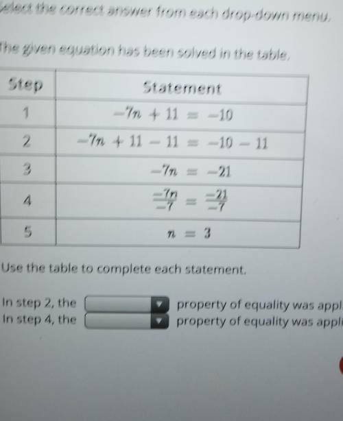 Select the correct answer from each droo-down menu. Thegien edusion has been solved in the table. S