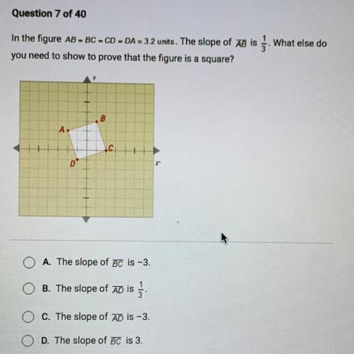 In the figure AB = BC = CD = DA 2 3.2 units. The slope of AB is. What else do

you need to show to