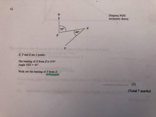 x, y and z are 3 points. the bearing of x from z is 070 . angle yxz = 40 degrees work out the beari