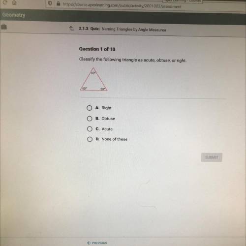 Classify the following triangle as acute, obtuse, or right.