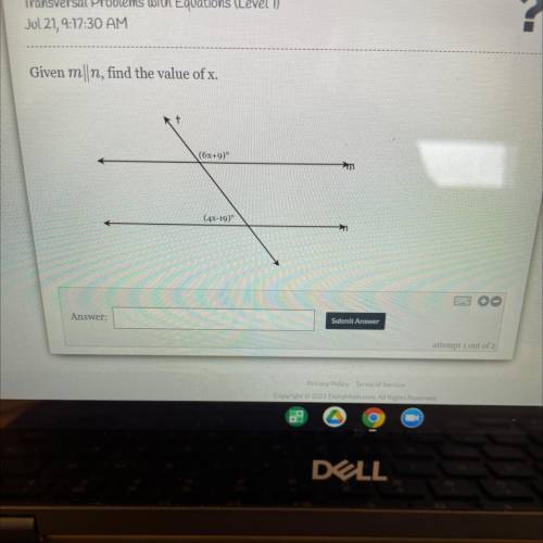 Given mn, find the value of x.

+
(6x+9)
m
(4x-19)

Submit Answer
attempt 1 out of 2
I real