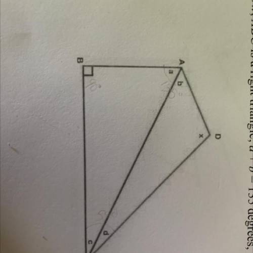 8. In the figure below, ABC is a right triangle, a + b - 135 degrees, and c + d = 55 degrees. Find