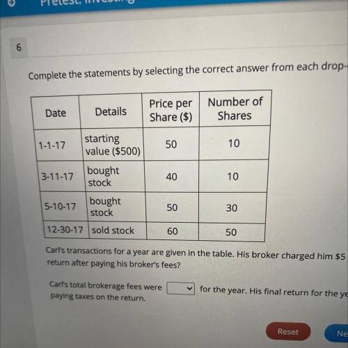 Carl's transactions for a year are given in the table. His broker charged him $5 per trade. How muc