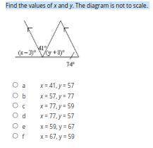 Find the values of x and y. The diagram is not to scale.