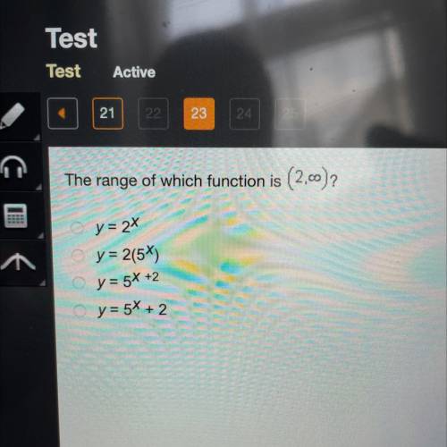 The range of which function is (2,00)?
y= 2X
y = 2(5*)
O
Oy= 5x + 2
y = 5