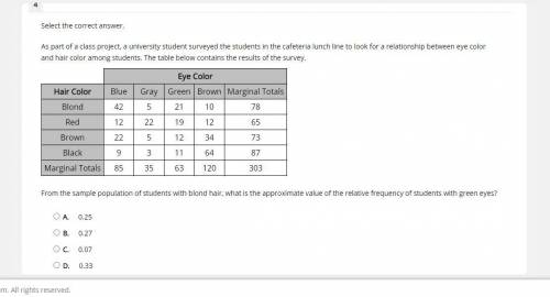 Select the correct answer.

As part of a class project, a university student surveyed the students