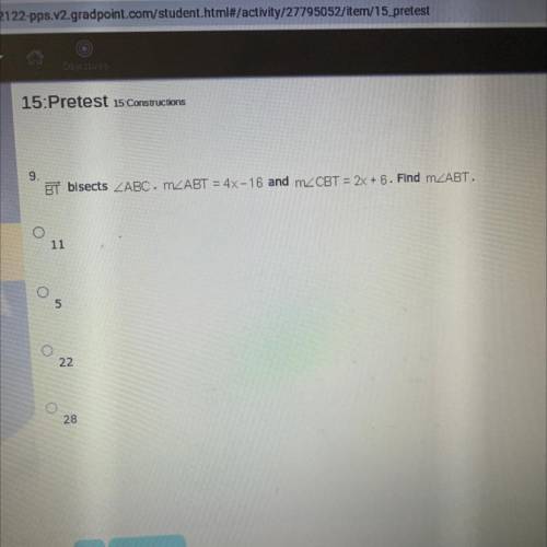 BT bisects angle ABC. angle ABT = 4x - 6 and angle CBT = 2x + 6. Find angle ABT 
.