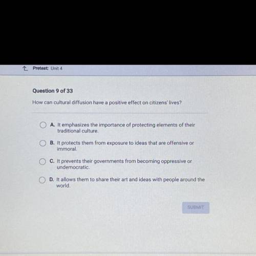 15 points! help :(( asap please <3

How can cultural diffusion have a positive effect on citize