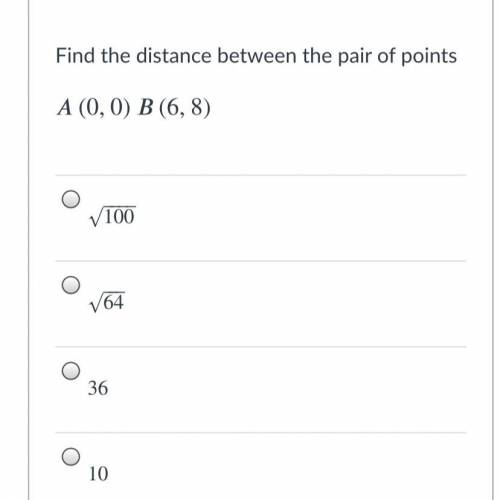 Find the distance between the pair of points
(0,0)(6,8)