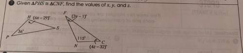 Find the values of x, y and z