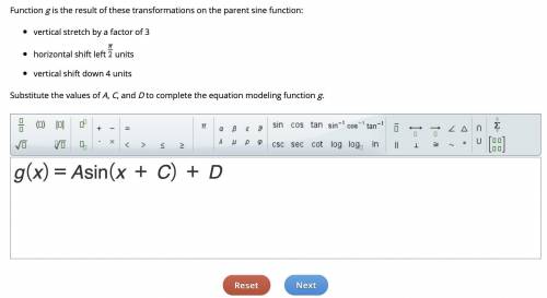 Function g is the result of these transformations on the parent sine function:

-vertical stretch