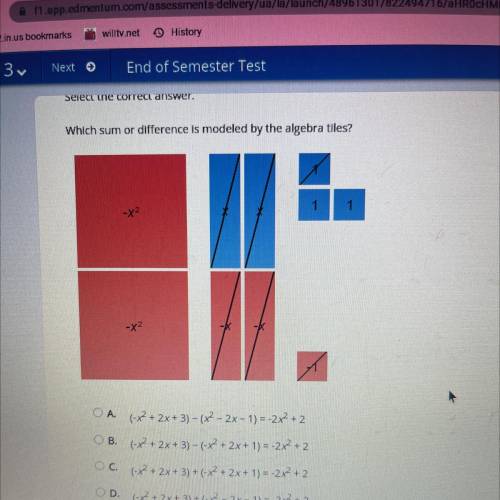 Select the correct answer.
Which sum or difference is modeled by the algebra tiles?