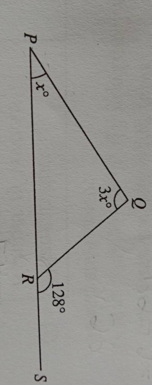 The diagram shows a triangle. PRS is a straight line. Find the value of x. ​