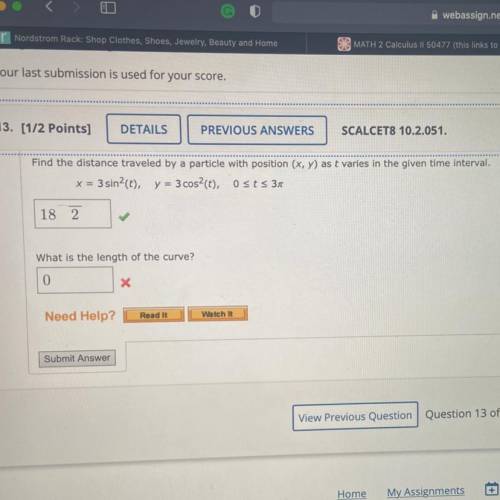 Find the distance traveled by a particle with position (x, y) as t varies in the given time interva