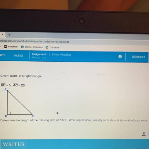 Given: AABC is a right triangle.

BC =5, AC = 20
Determine the length of the missing side of AABC.