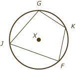 In the diagram, Quadrilateral JFKG is inscribed in Circle X.

Determine the sum of the measures of