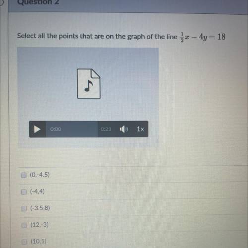 Select all the points that are on the graph of the line
1/2x – 4y = 18