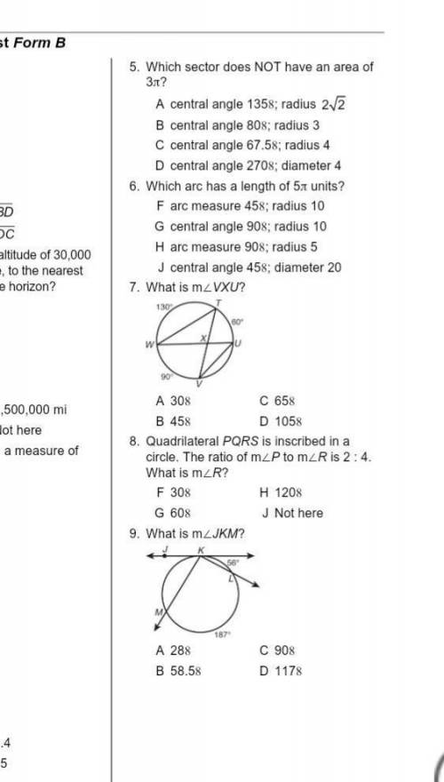 Circles Chapter 12 Test Form B Circle the best answer. 5. Which sector does NOT have an area Зл? 1.