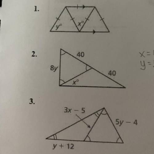 Find the values of x and y in questions 1-3.
