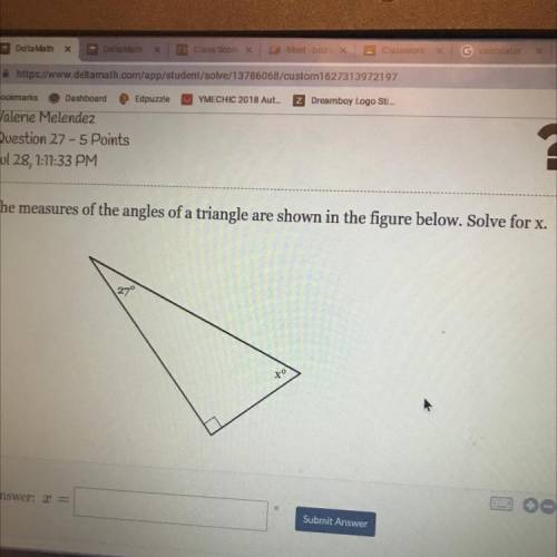 The measures of the angles of a triangle are shown in the figure below. solve for x
