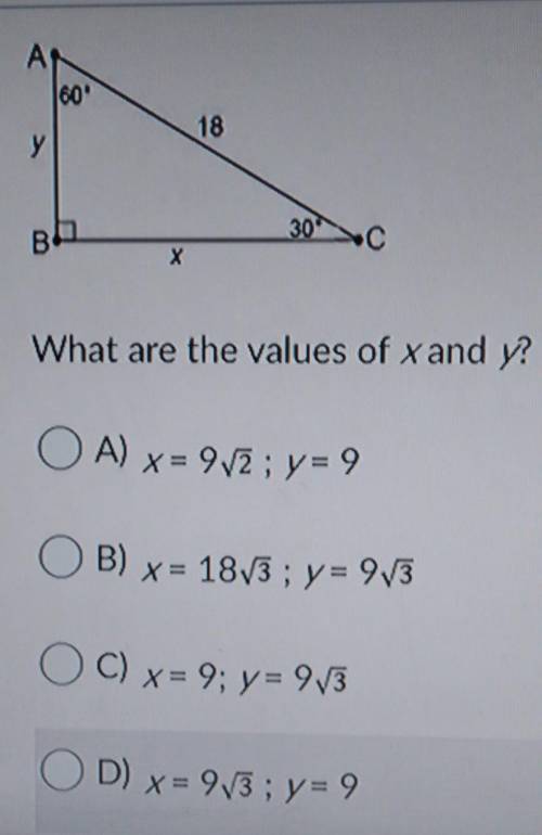What are the values of x and y? A) X= 9/2; y = 9 B) x = 1843 ; y= 983 C) x= 9; y = 983 OD) x= 913 ;
