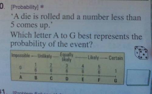 A die is rolled and a number less than 5 comes up

Which letter from A to G best represents the