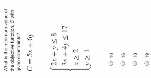 What is the minimum value of the objective function, C with given constraints?

C=5x+6y
2x+y≤83 x+