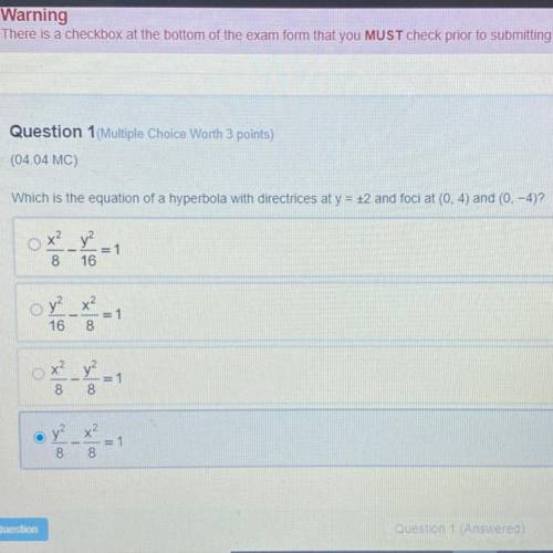 Which is the equation of a hyperbola with directrices at y = +_2 and foci at (0.4, and (0,-4)?