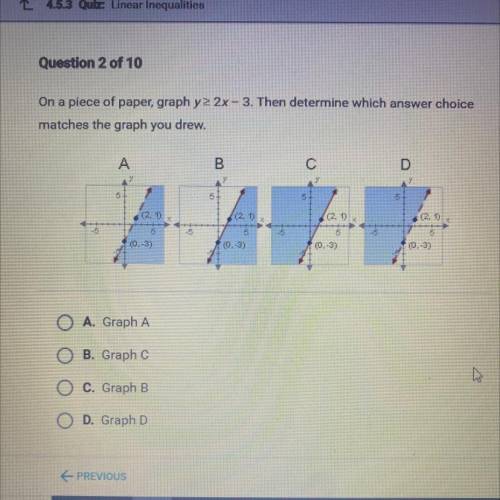 On a piece of paper, graph y>_ 2x - 3. Then determine which answer choice

matches the graph yo