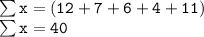 { \tt{ \sum x = (12 + 7 + 6 + 4 + 11)}} \\ { \tt{ \sum x = 40}}