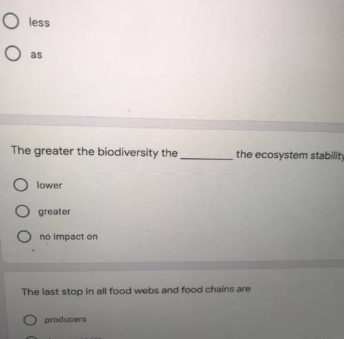 The greater the biodiversity the

the ecosystem stability
lower
greater
no impact on
cton in all f