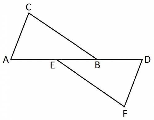 In the diagram below, ΔABC ≅ ΔDEF. Complete the statement AB¯¯¯¯¯¯¯¯≅ __

A. BCB. DFC. FED. DE