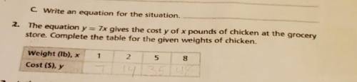 C. Write an equation for the situation.

2. The equation y = 7x gives the cost y of x pounds of ch