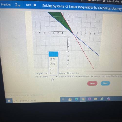 Which system of inequalities does the graph represent? Which test point satisfies both of the inequ