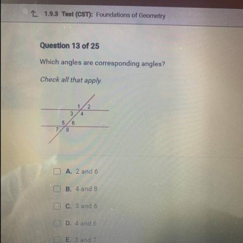 Which angles are corresponding angles?
Check all that apply.