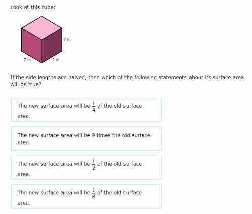 Look at this cube

If the side lengths are halved, then which of the following statements about it