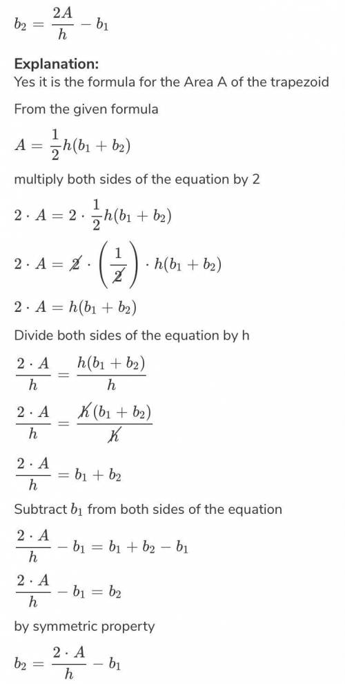 A= 12b1+b2h ; solve for b1